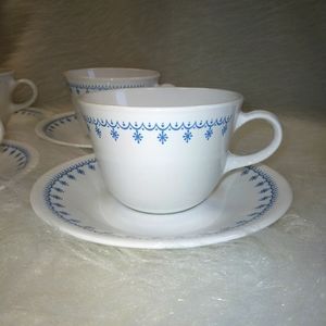 CORELLE CORNINGWARE Blue Snowflakes Cup & Saucer, 4 sets